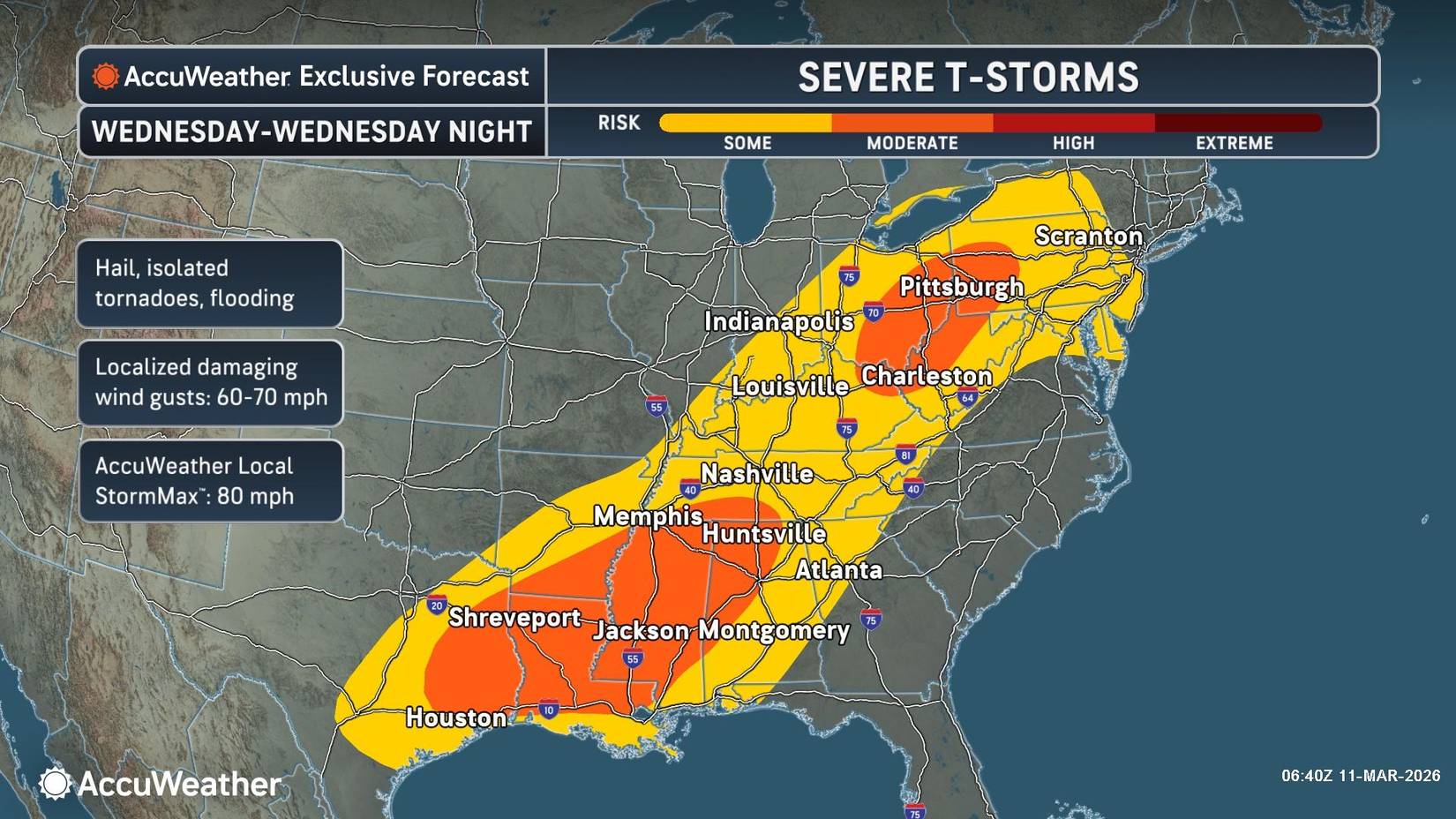 Los meteorólogos dicen que se esperan tormentas eléctricas severas desde Texas y Luisiana hasta Pensilvania y el norte del estado de Nueva York.