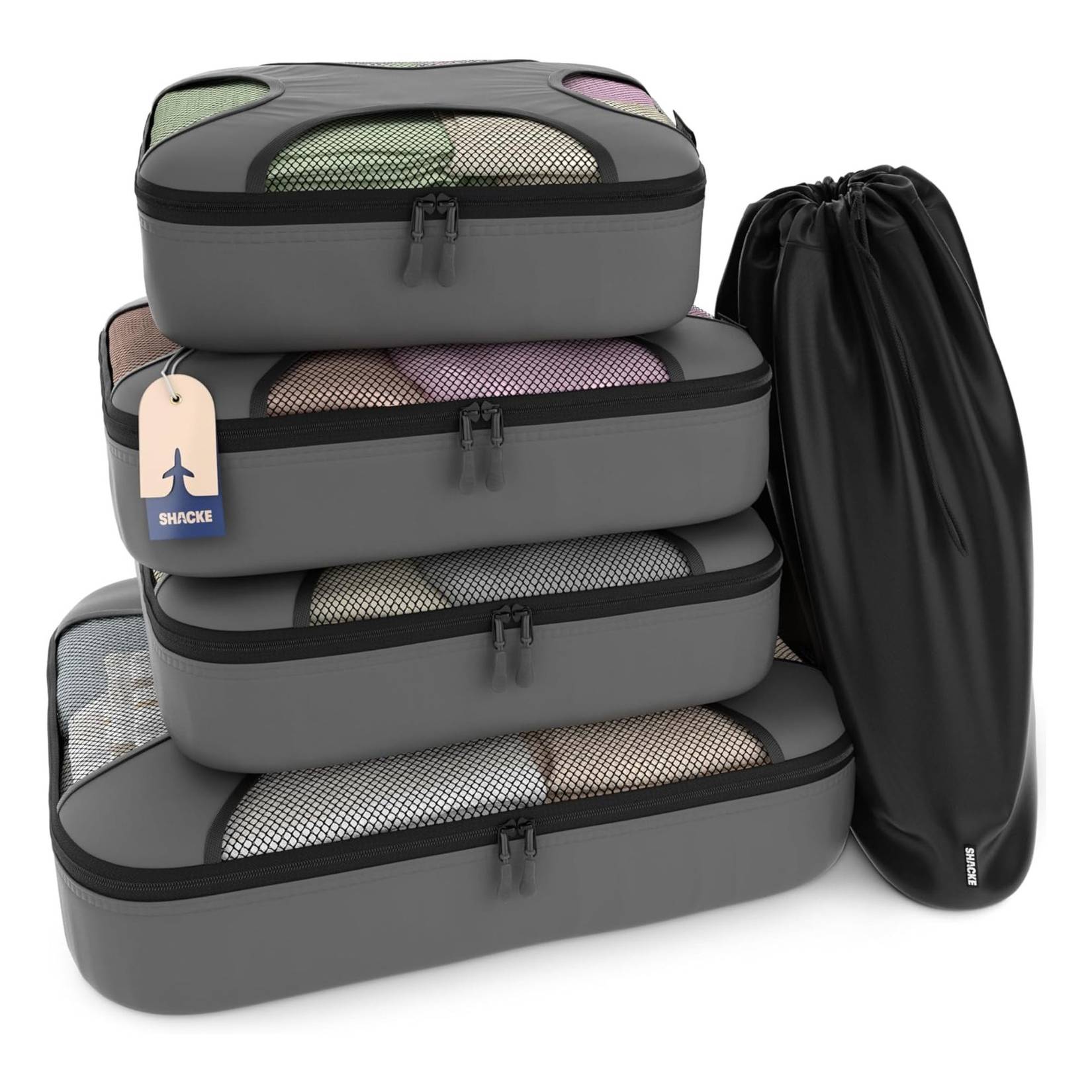 Shacke Packing Cubes for Travel 5 Set - Compression Luggage Organizer Bags - Adjustable Travel Organizer for Women and Men.
