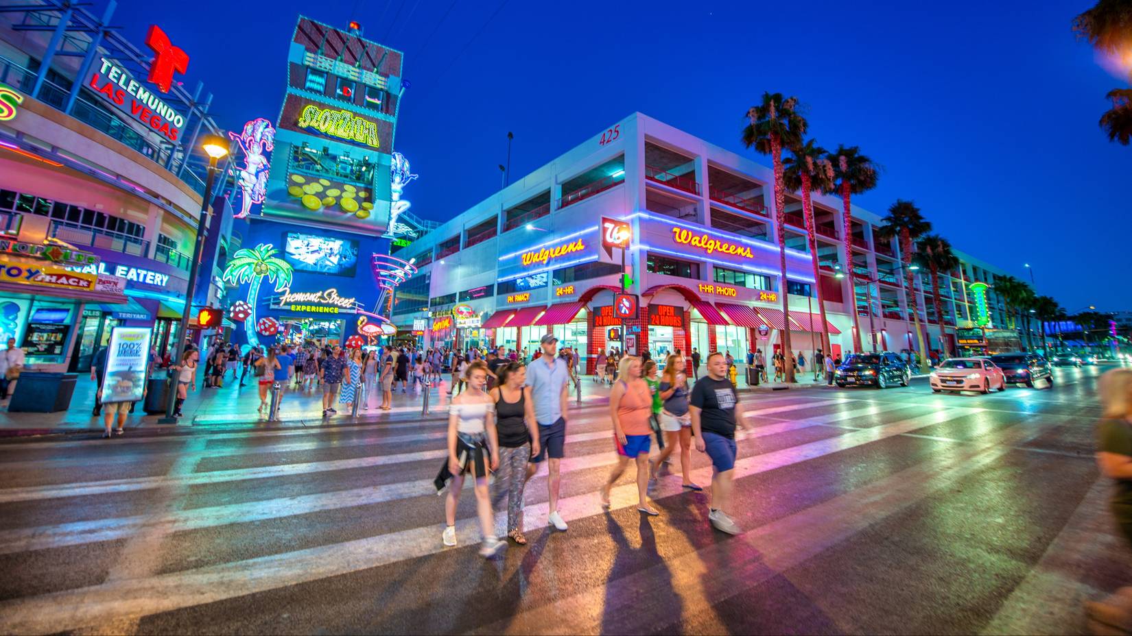 Fremont Street in Downtown Las Vegas at night with tourists