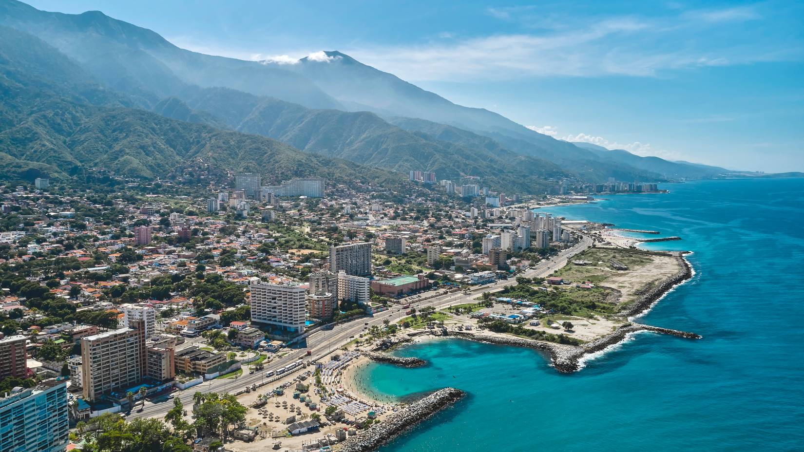 Aerial Panoramic view of Caraballeda de la Costa coastline, Caribbean Sea, Vargas State, Venezuela