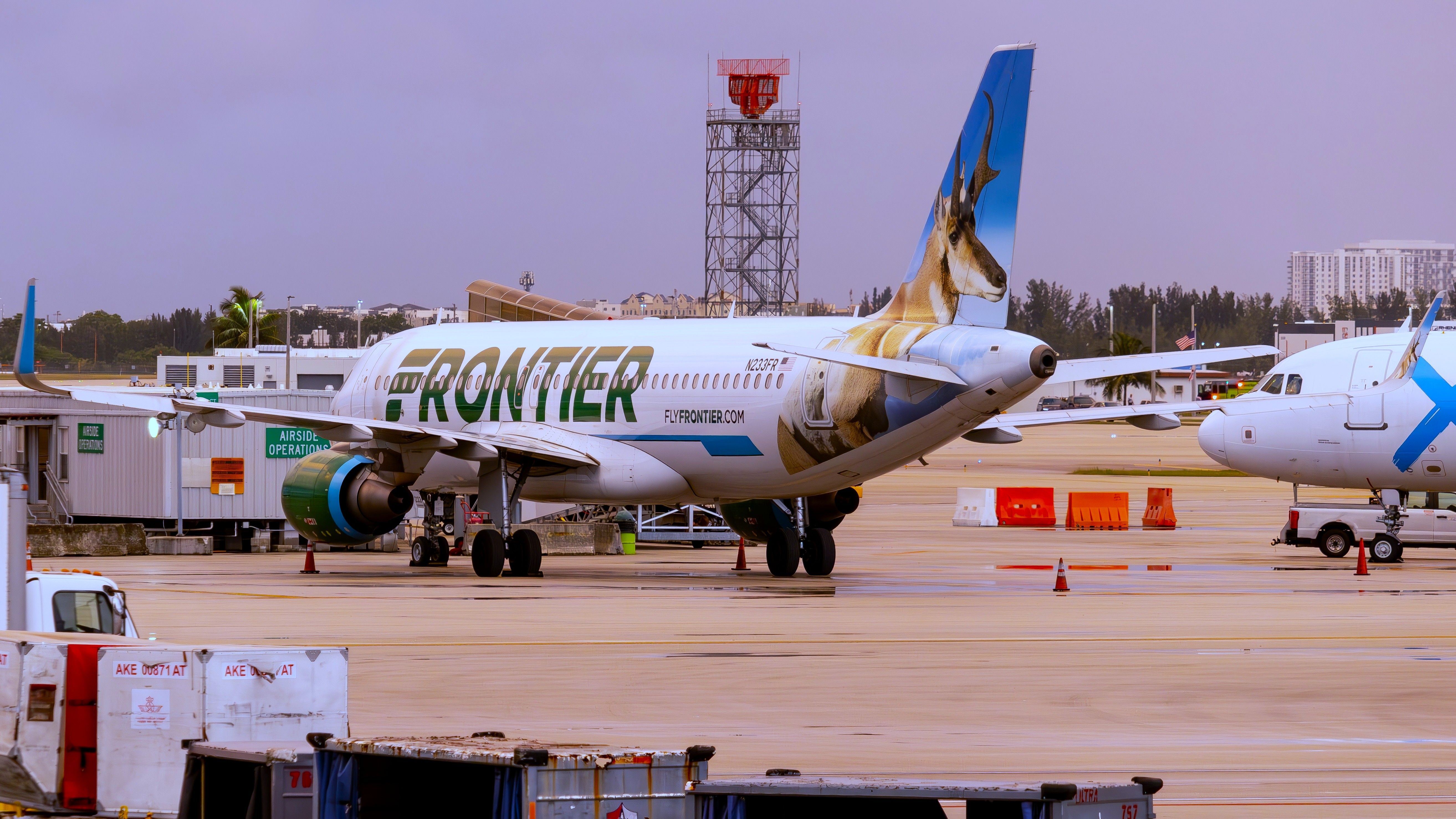 Frontier Airlines Airbus 320 NEO aircraft at Miami International Airport, Florida, USA