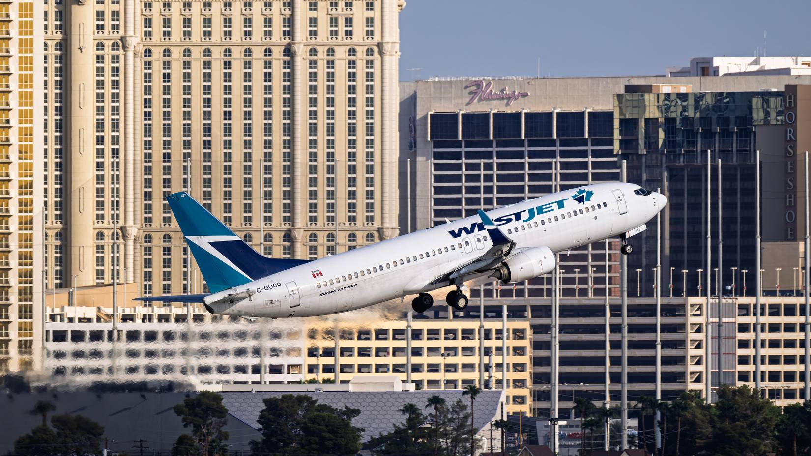 WestJet Airlines Boeing 737-800 C-GOCD taking off from runway 1R at Harry Reid International Airport, Las Vegas, Nevada