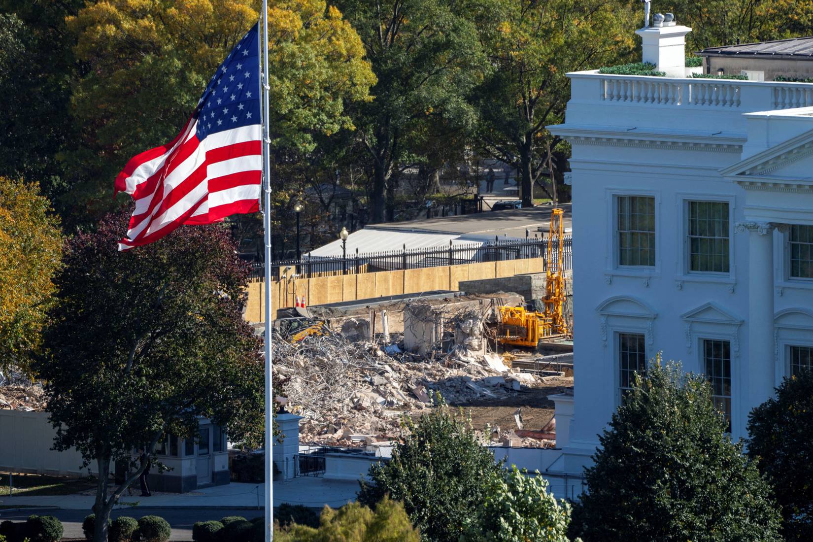 View of demolition site next to white house, making way for new ballroom