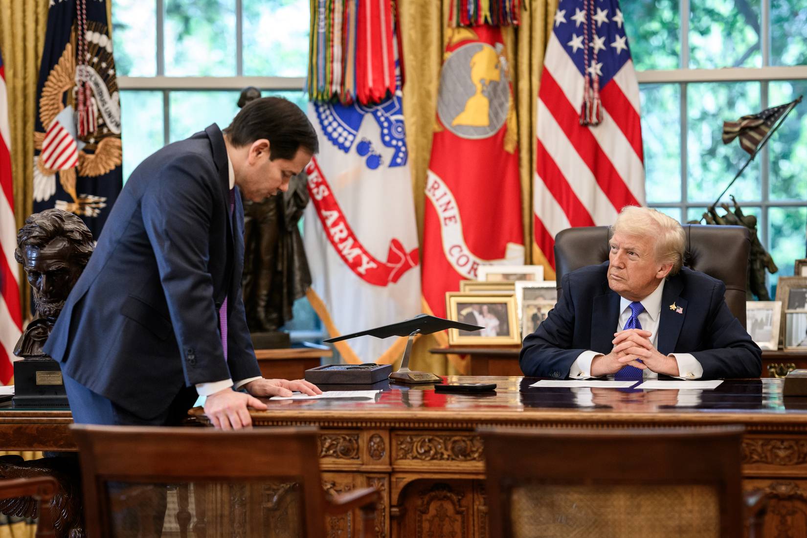 President Donald Trump meets with Secretary of State Marco Rubio in the White House Oval Office