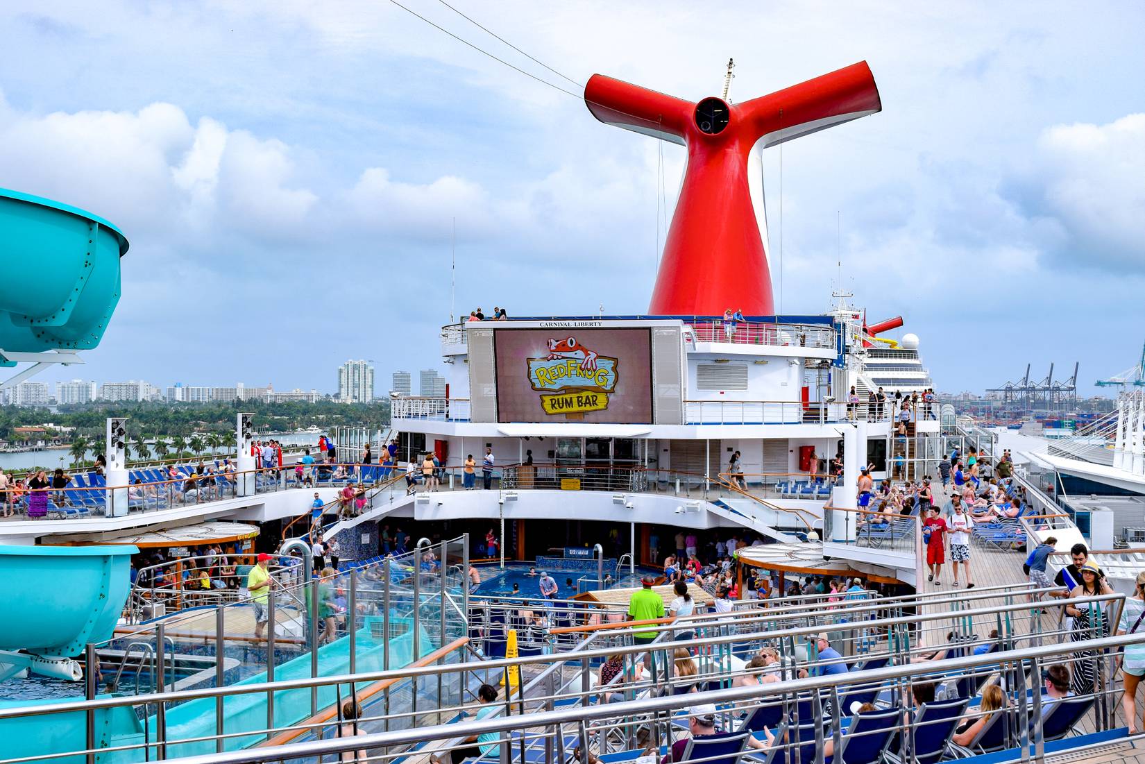 Passengers aboard the Carnival Liberty Cruise Ship in Miami, on the top open decks