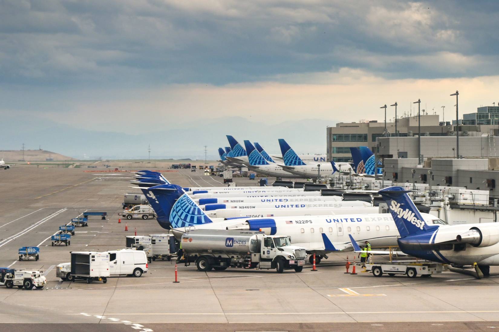 United Airlines aircraft at the terminal building of Denver International Airport, Colorado, USA