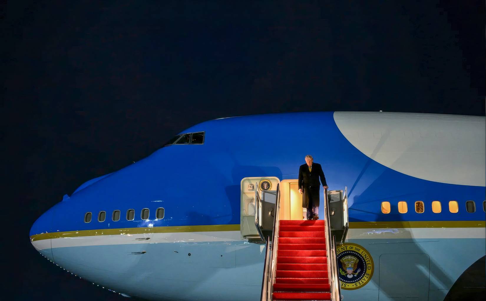 President Donald Trump at the formerly named Palm Beach International Airport, now called Donald J. Trump International Airport, aboard Air Force One.