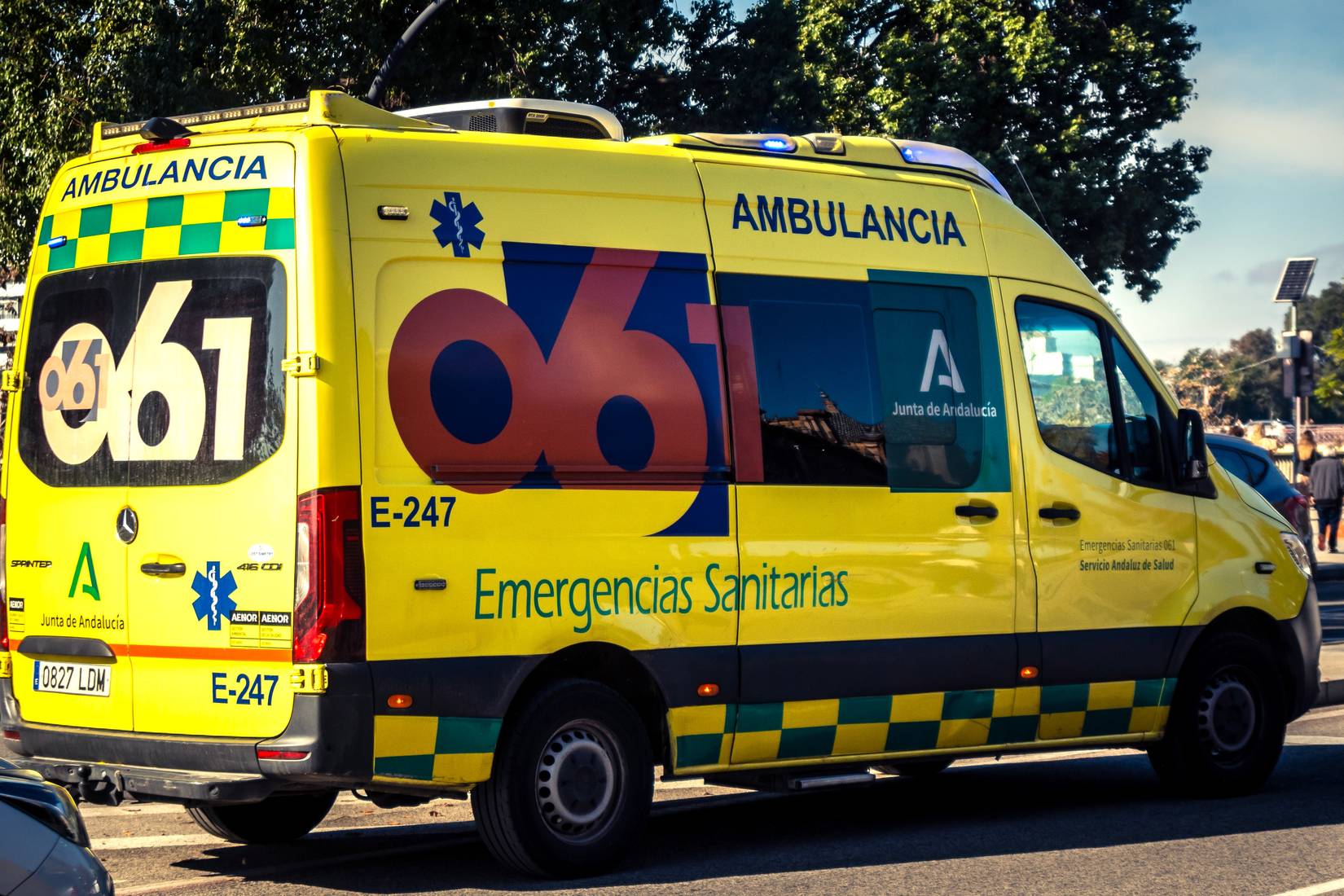 Ambulance driving in the streets of Seville in southern Spain.