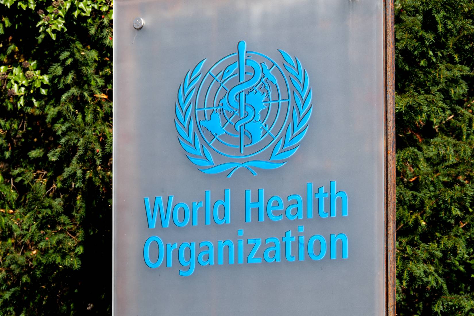 Sign at the entrance to the World Health Organization (WHO) in Geneva, Switzerland
