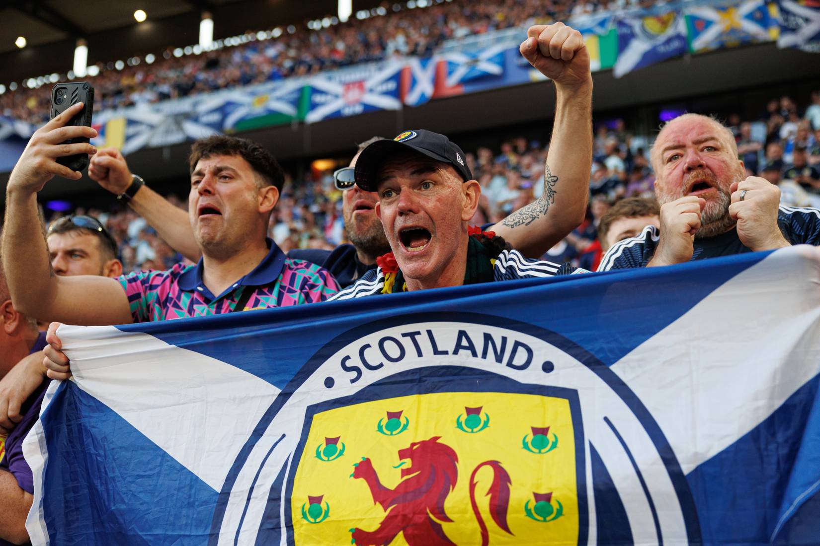 Fans of Scotland seen during UEFA Euro 2024 game between national teams of Scotland and Switzerland at RheinEnergieStadion in Cologne, Germany 