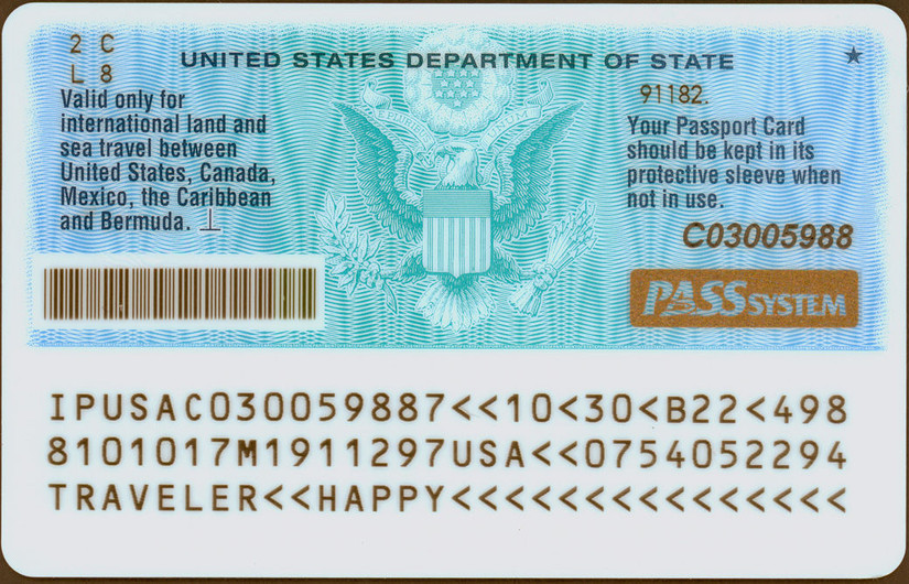 Reverse side of a specimen U.S. passport card, issued by the State Department
