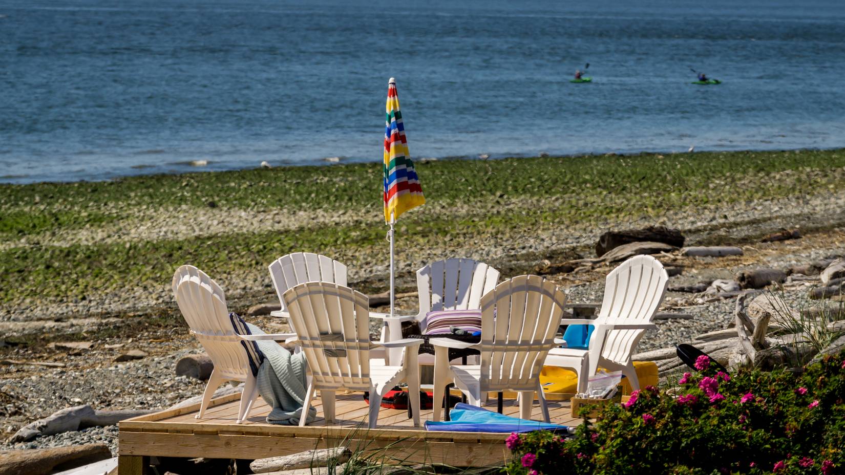 Beach chairs and beach umbrella, Point Roberts, WA
