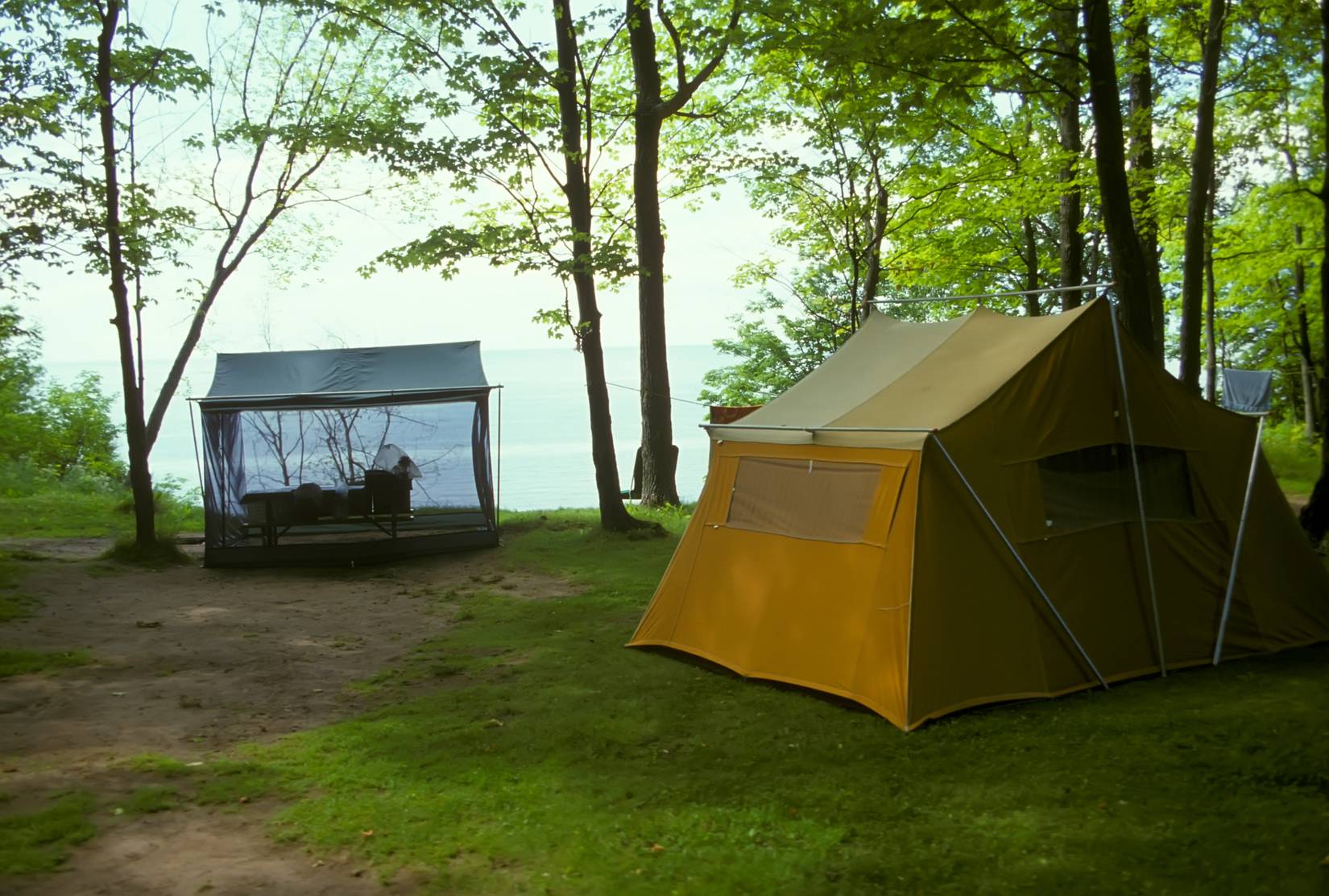 Two tents set up at Isle Royale National Park on Lake Superior in Michigan