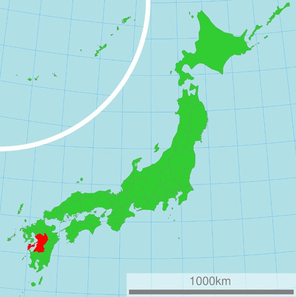 Map of Japan with Kumamoto Prefecture highlighted in red