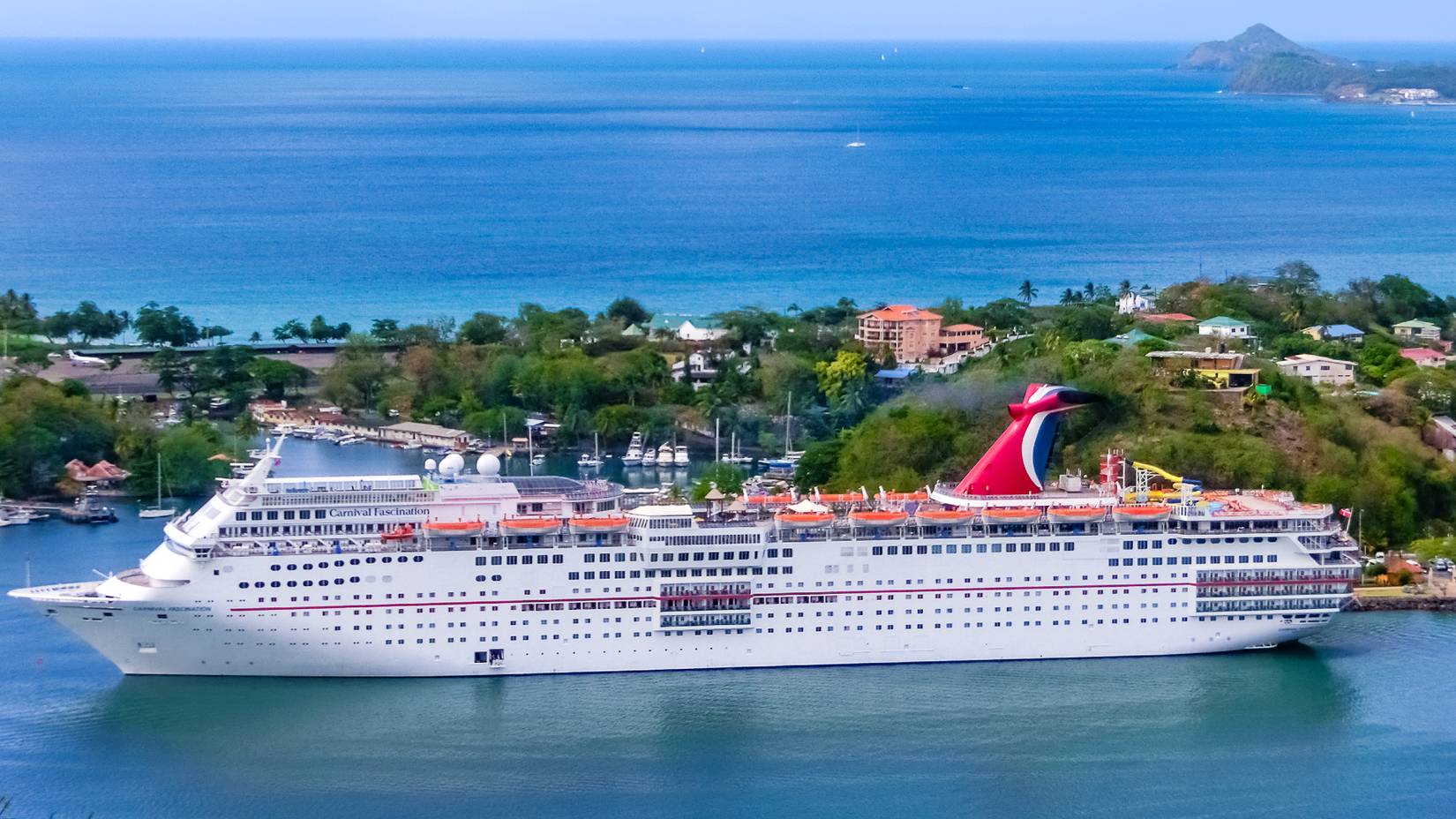 Carnival Fascination docked at the port or cruise dock in Saint Lucia in the Caribbean Sea