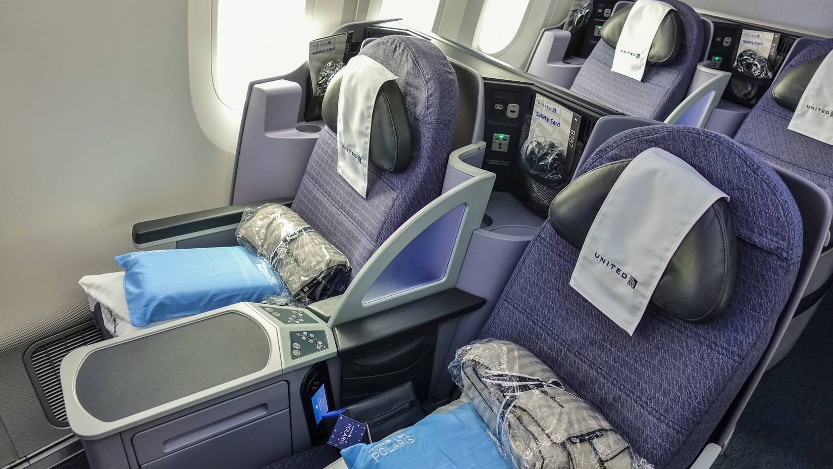 Premium Polaris Business Class cabin on a Boeing 787 Dreamliner airplane from United Airlines