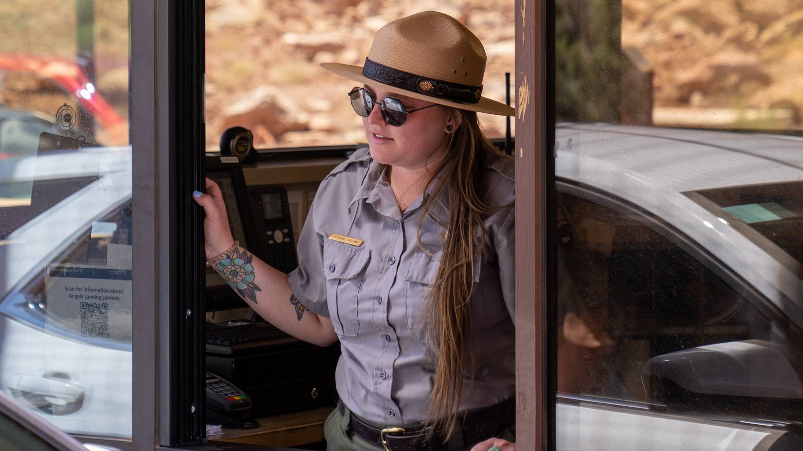 Ranger at entrance station at Zion National Park