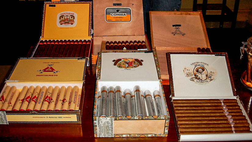 Various brands of cigar from Cuba including Partagás, Cohiba, Montecristo, Romeo y Julieta, and Sancho Panza