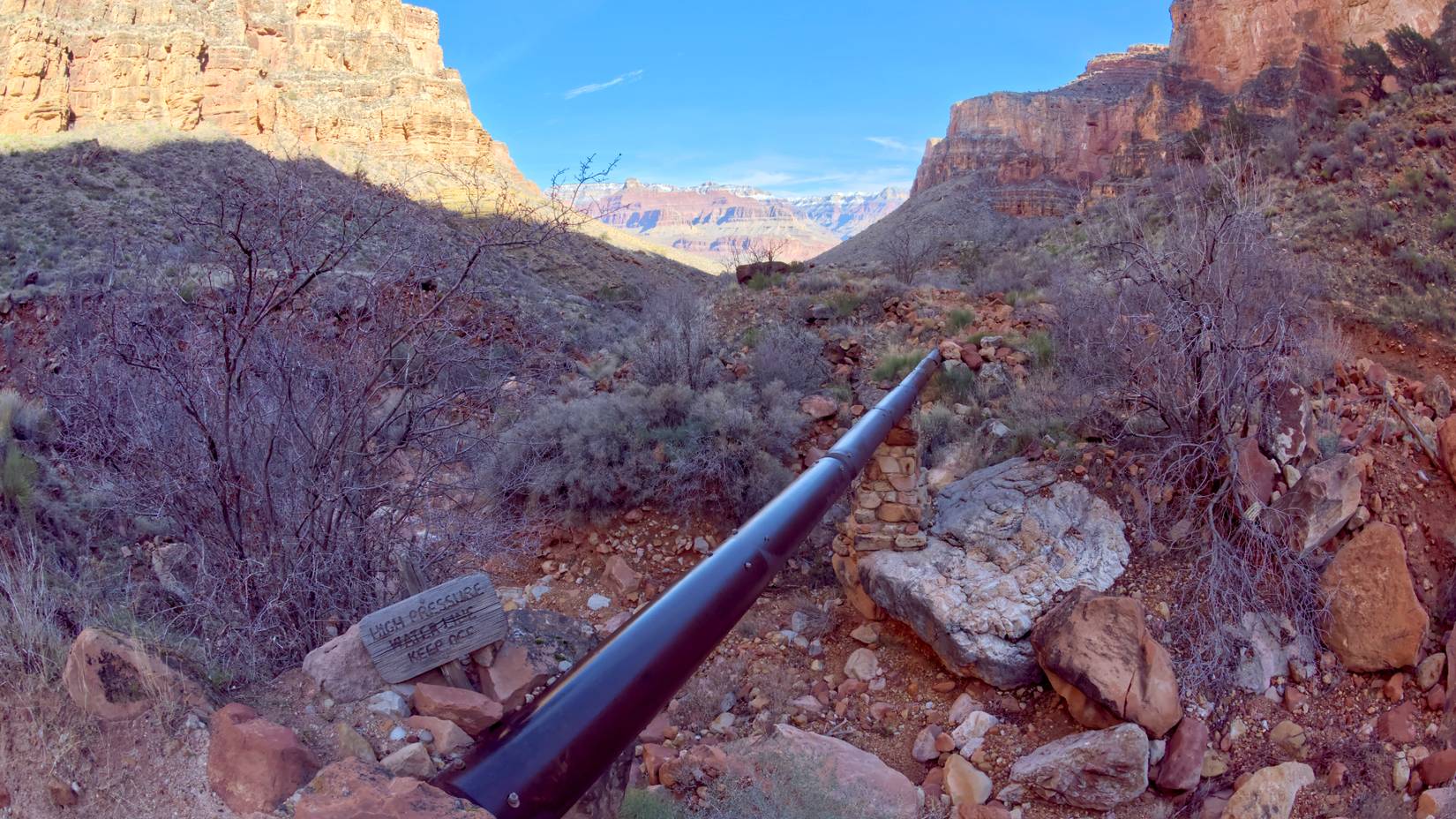 A high-pressure water supply pipe along Bright Angel Trail that feeds water from the Colorado River to the South Rim facilities of Grand Canyon, Arizona