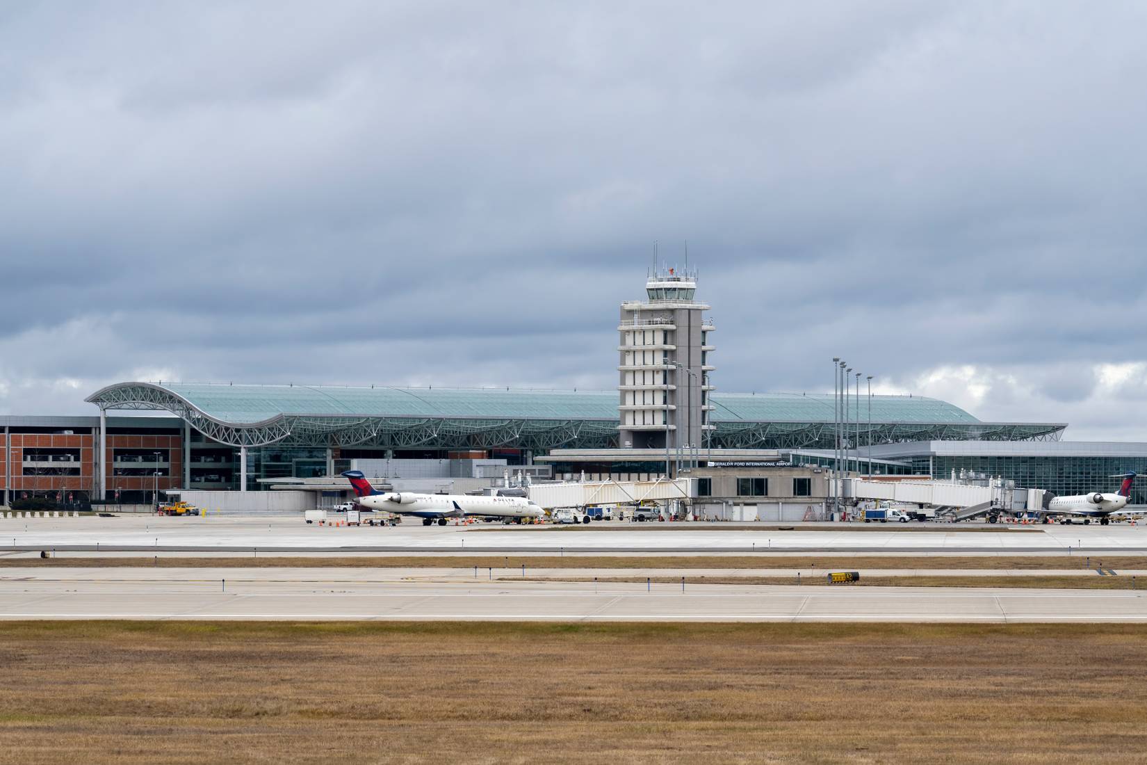View of Gerald R. Ford International Airport (GRR) in Grand Rapids, Michigan, on a cloudy day