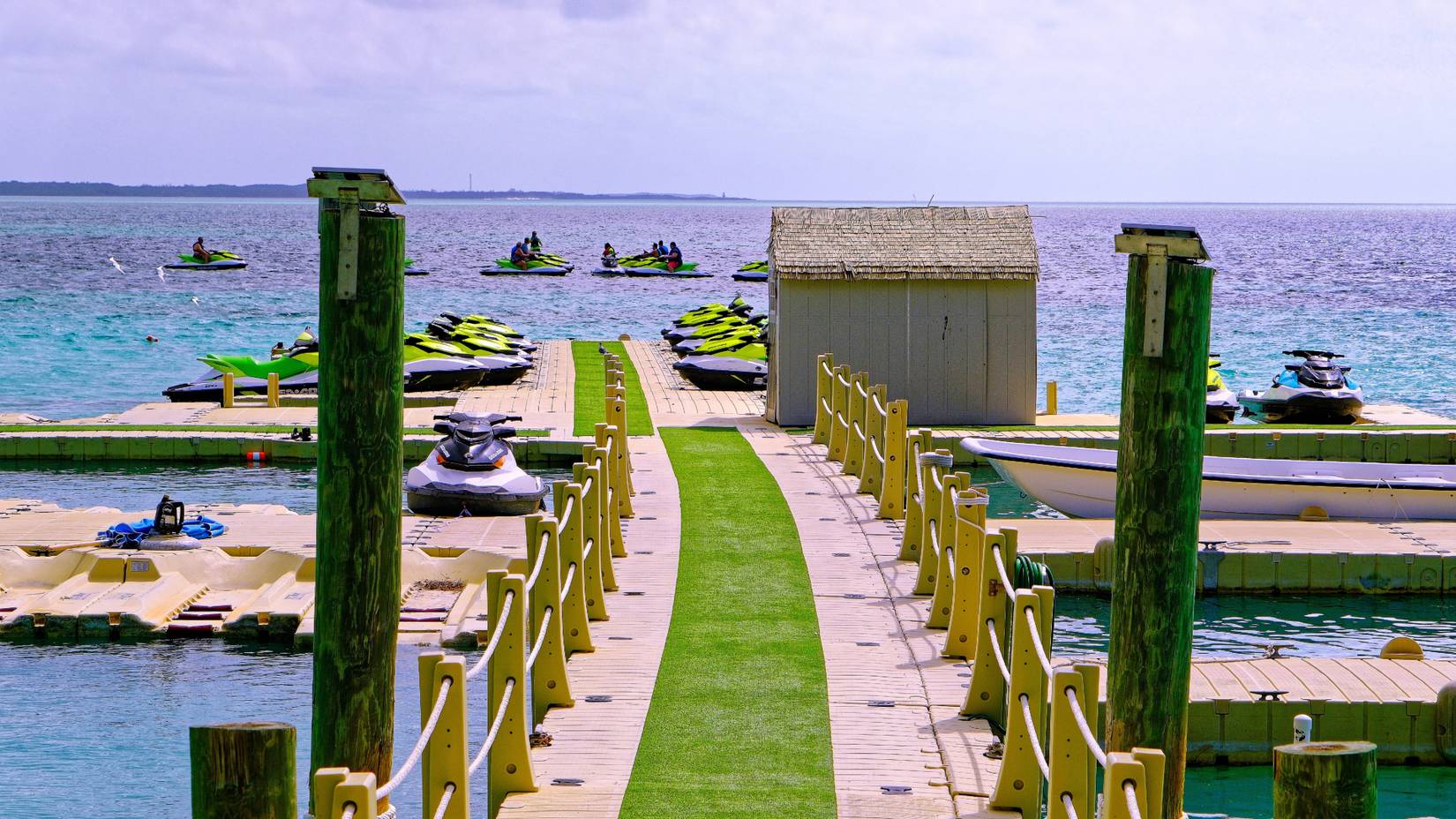 Jet ski rentals in CocoCay, one of the Berry Islands, a collection of Bahamian cays used for tourism by Royal Caribbean Group exclusively