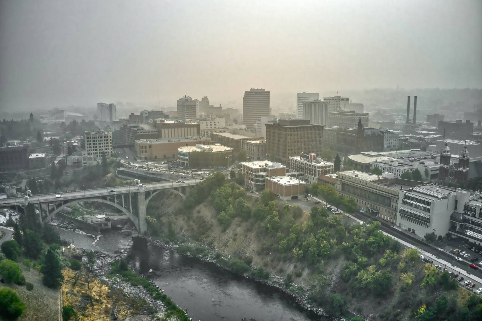Aerial View of Spokane, Washington in heavy Wildfire Smoke