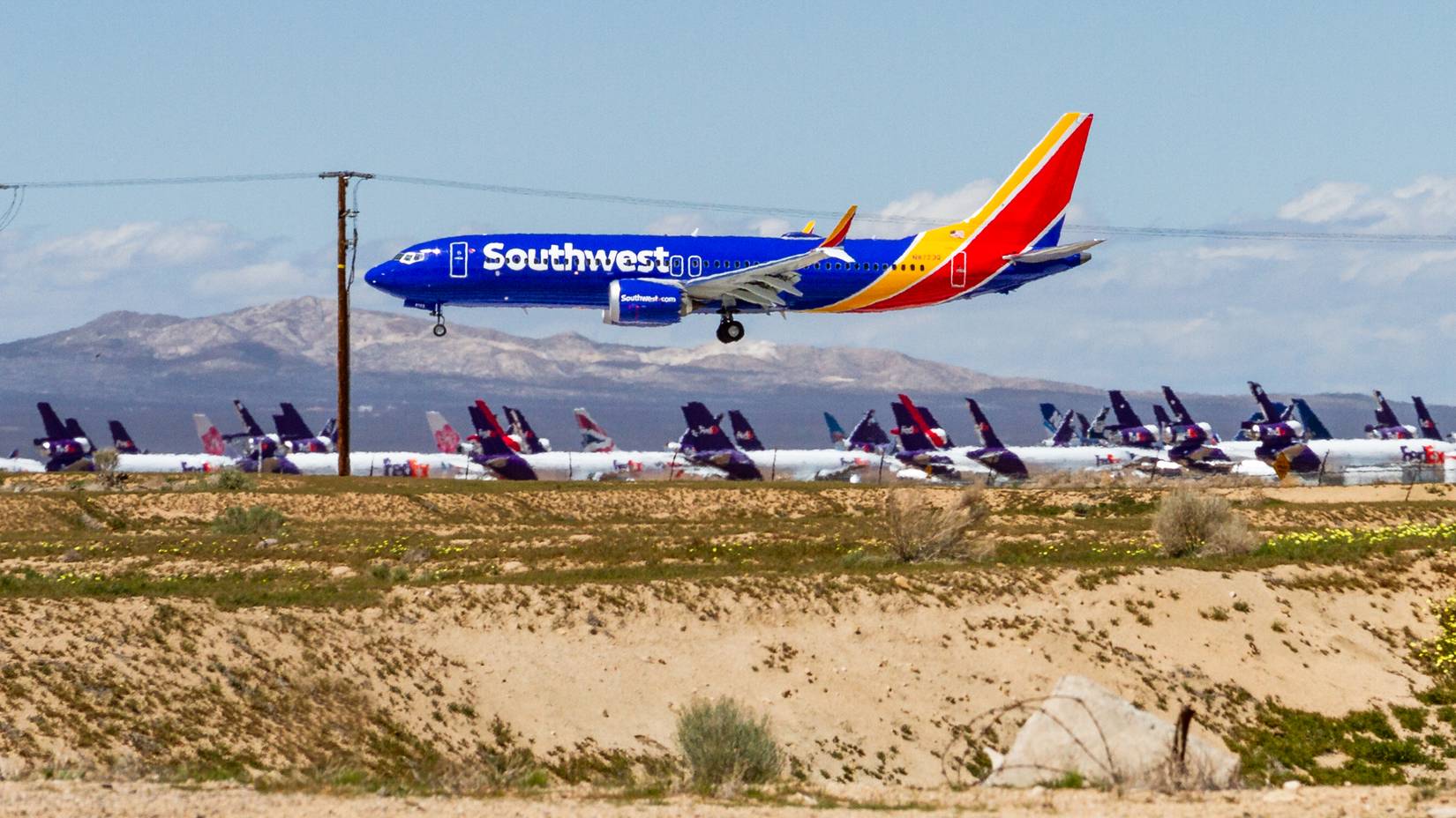 Southwest airplane arriving in Victorville, CA, where their fleet of Boeing 737 Max aircraft are stored