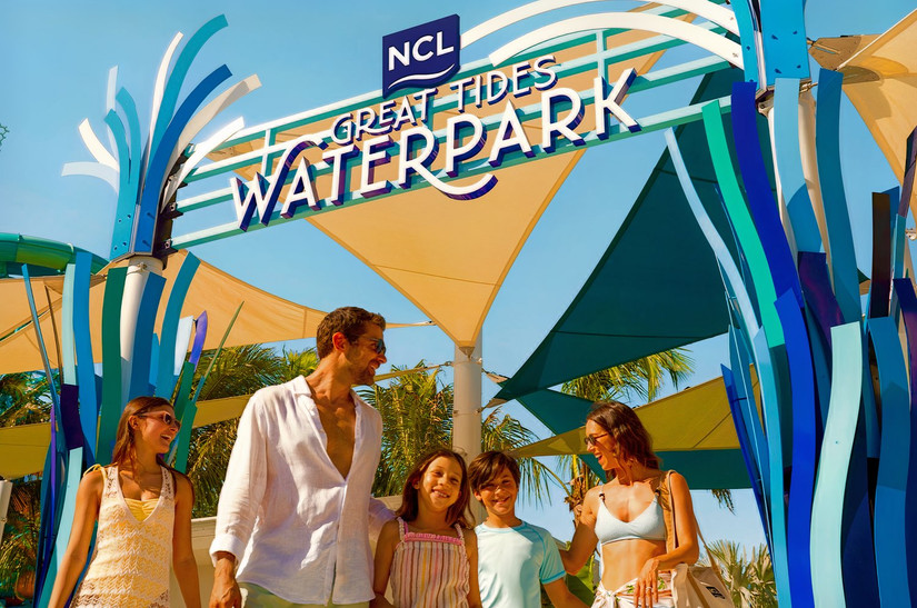 Entrance sign for the Great Tides Waterpark by Norwegian Cruise Line (NCL).