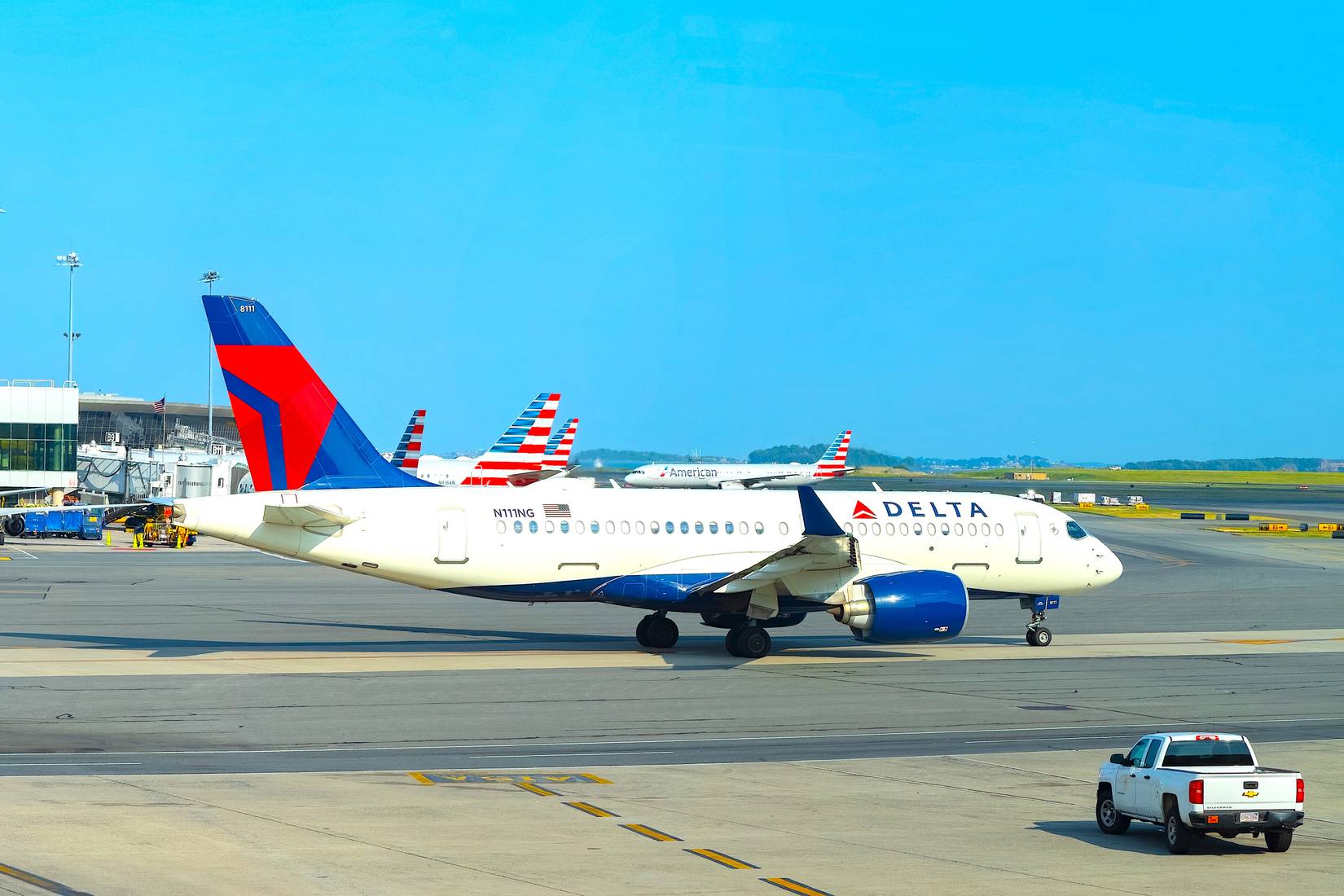 Delta Air Lines Airbus 220-100 N111NG at Boston Logan International Airport, Boston, Massachusetts, USA.