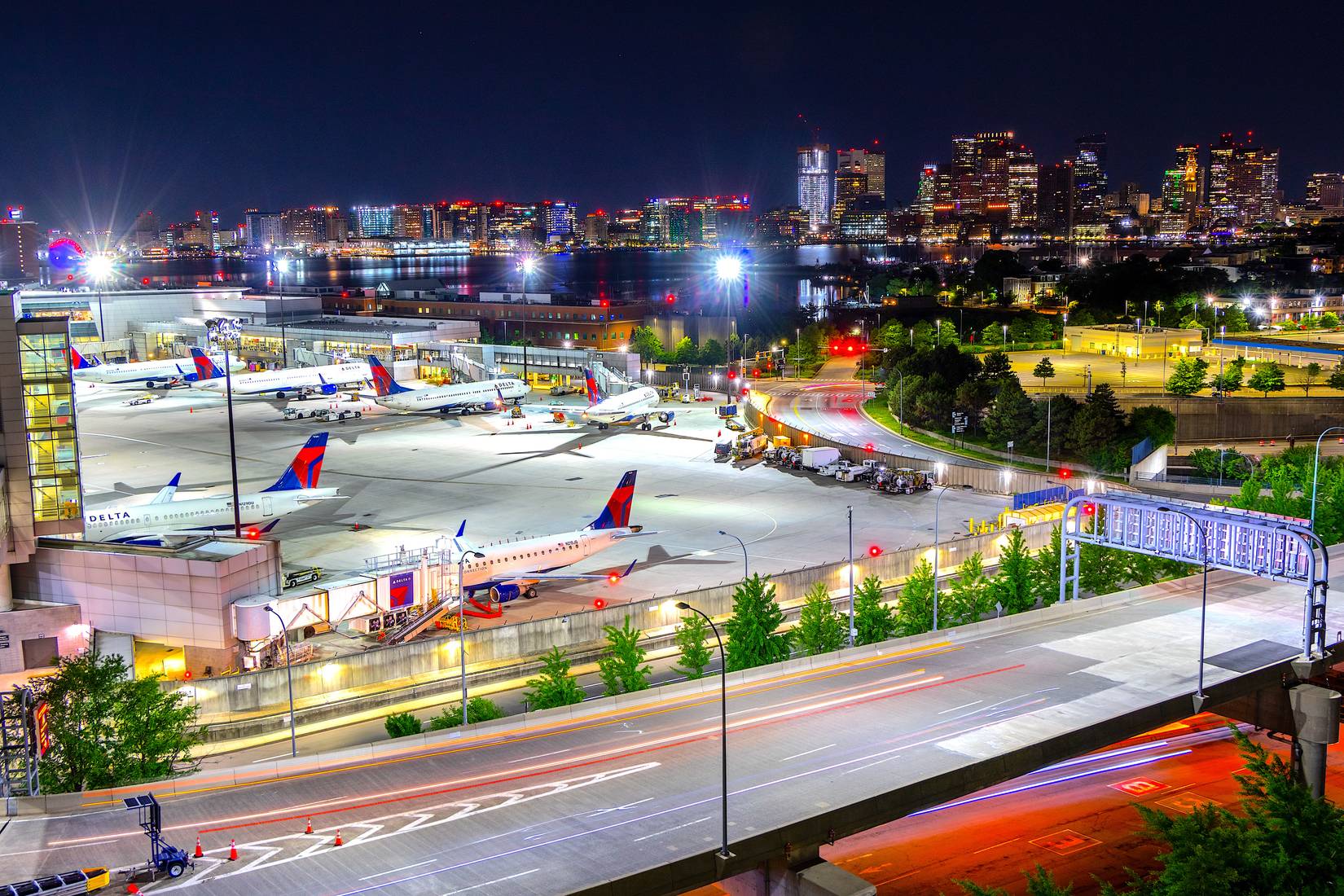 Aerial view of Delta Air Lines Aircraft parked at Terminal A at Boston Logan International Airport (BOS)