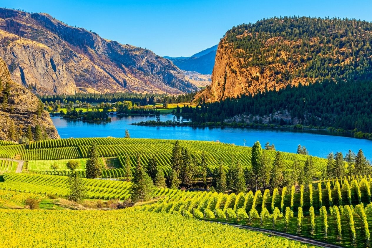 View of Blue Mountain Vineyard with McIntyre Bluff and Vaseux Lake in the background located in the Okanagan Valley
