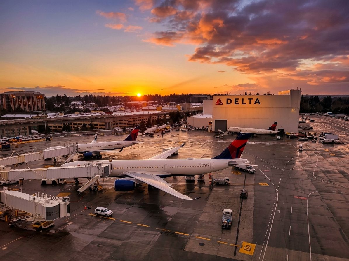 Aerial view of a Delta Air Lines Airbus A330-900neo at Seattle-Tacoma International Airport at sunset